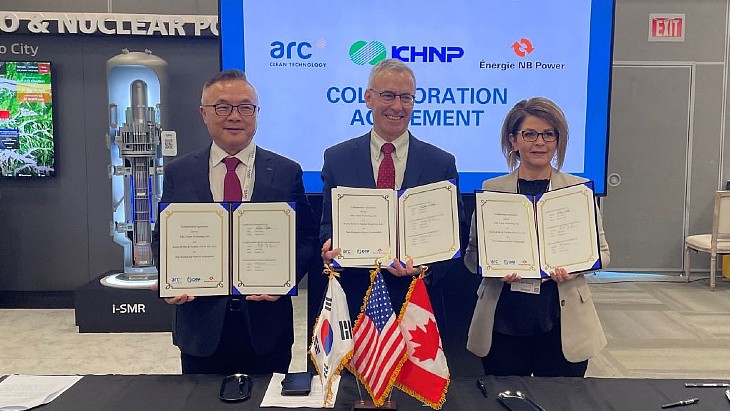 A collaboration agreement has been signed by @ilovekhnp_eng, @arc_cleantech and @NB_Power with the goal of establishing teaming agreements for global SMR fleet deployment #nuclear tinyurl.com/4ddr2azv