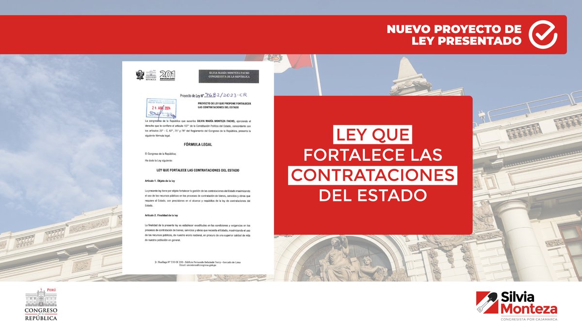 ¡Por menos obras paralizadas! 🇵🇪✅ La nueva Ley de Contrataciones del Estado debe establecer responsabilidad desde el inicio de los proyectos; así como proteger el dinero de todos los peruanos para propuestas de impacto. Por ello, presentamos el #ProyectoDeLey 7682.