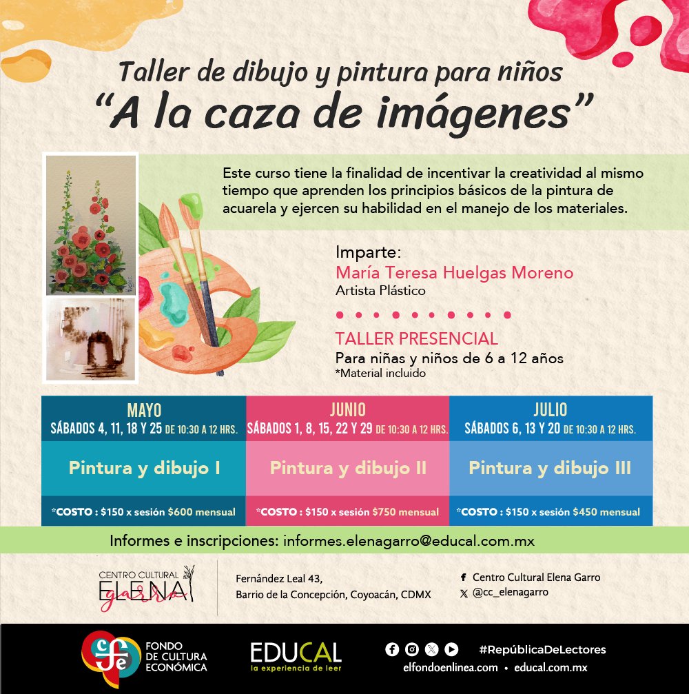 #ActividadesCCEG 🟠 Taller de ukelele 🟢 Taller de dibujo y pintura para niños 'A la caza de imágenes' ¡Inscríbete, iniciamos este sábado 4 de mayo! informes.elenagarro@educal.com.mx #RepúblicaDeLectores @cc_elenagarro