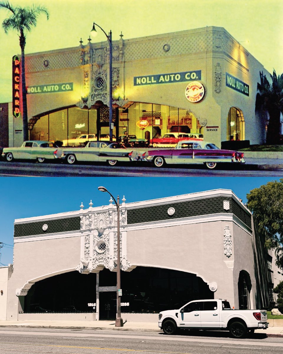 The Howard Motor Company Building in Pasadena. This showroom was built in 1927.

Here’s a comparison shot from 1956, when the building was home to a Packard Dealership. It was added to the National Register of Historic Places in 1996.

Vintage photograph via Alden Jewell (Flickr)