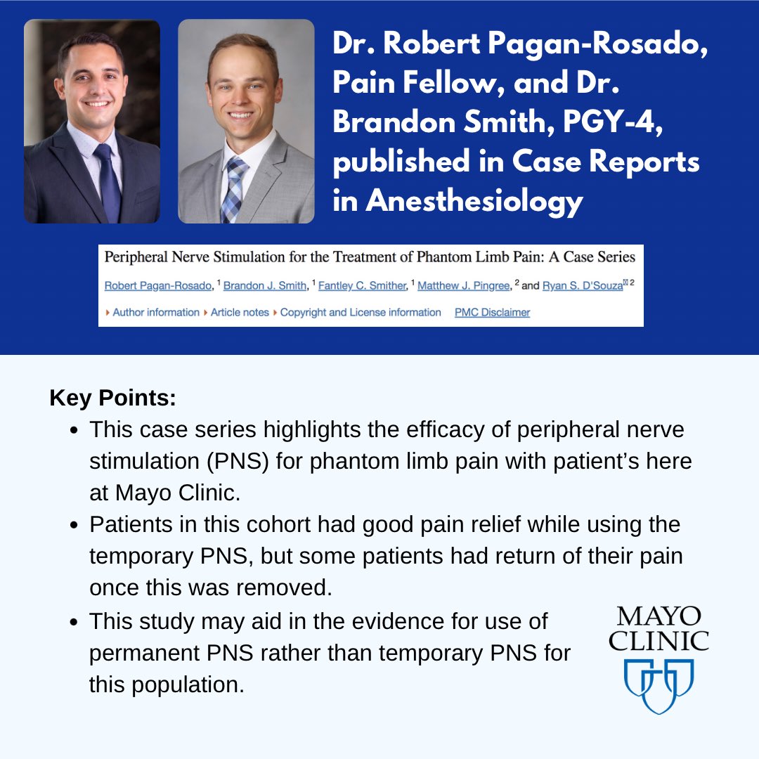 Congratulations to Robert Pagan-Rosado, Pain Fellow, and Brandon Smith, PGY-4, on their published article: Peripheral Nerve Stimulation for the Treatment of Phantom Limb Pain: A Case Series. Way to go!
