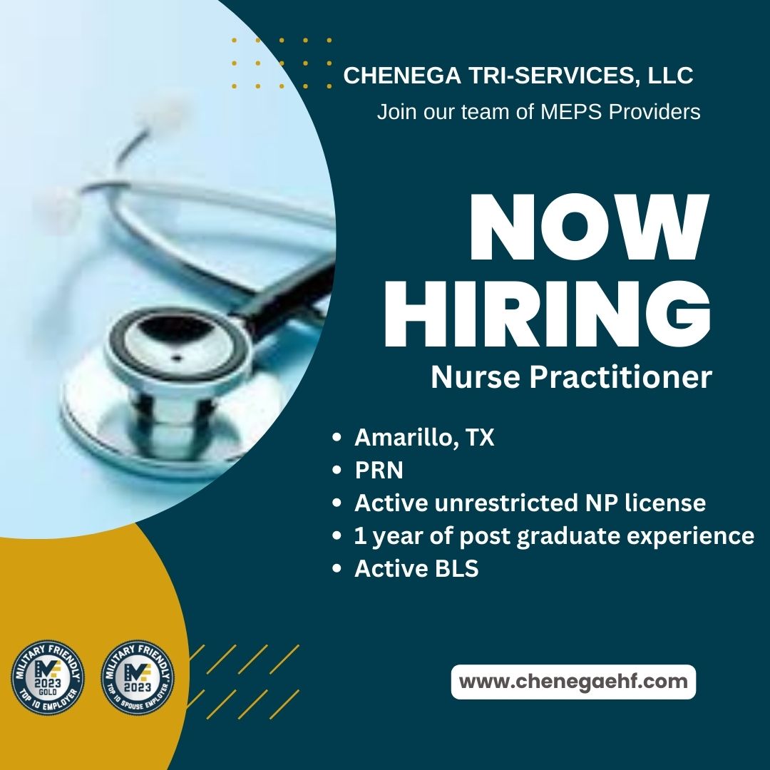 Nurse Practitioner opportunity to work with our Military Entrance Processing Station (MEPS) in Amarillo, apply today!
#chenega #chenegafamily #nowhiring #joinourteam #npjobs