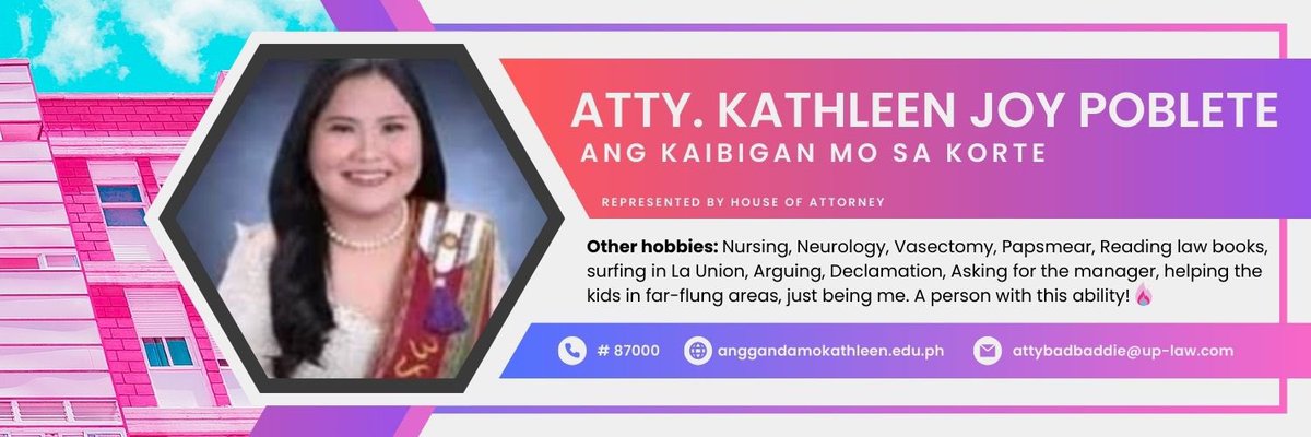 Ang kaibigan mo sa korte, Atty. Kathleen Joy Poblete! Represented by House of Attorney! A person with this ability... is ME! 🔥 For legal advice, please reach out to attybadbaddie@up-law.com