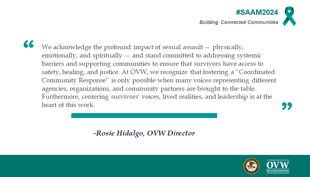 OVWJustice's tweet photo. OVW Director Rosie Hidalgo reflects on #SAAM2024 and the work OVW and our grantees do to end sexual assault, support survivors, and hold offenders accountable. Read her blog on Sexual Assault Awareness & Prevention Month here: https://t.co/ZoNuoqUbvl #BuildingConnectedCommunities https://t.co/VhrzqgnBOf