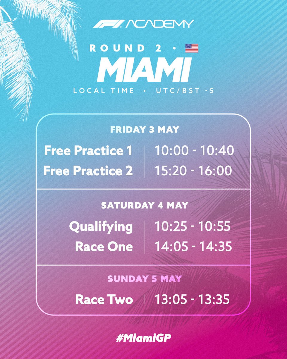 Here are all of the times you need ahead of F1 Academy's on-track action this weekend 🌴 Make sure you set your reminders! #F1Academy #MiamiGP