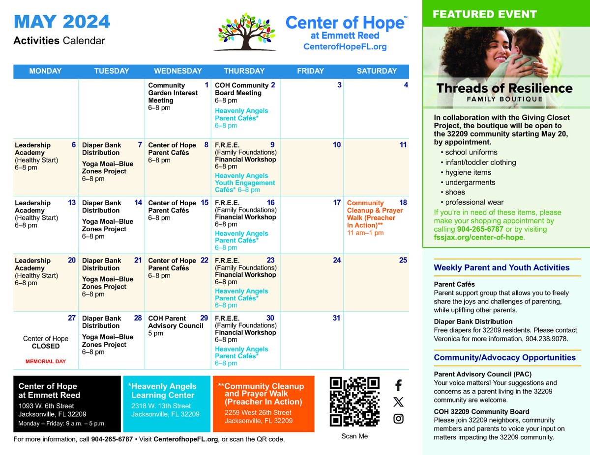 It's gonna be (a great) May at @CenterofHopeFL! Go to CenterofHopeFL.org to see the full calendar of events, request resources and more. #dtjax #familysupport #CenterofHope #communitycleanup #diaperdrive #parentresources