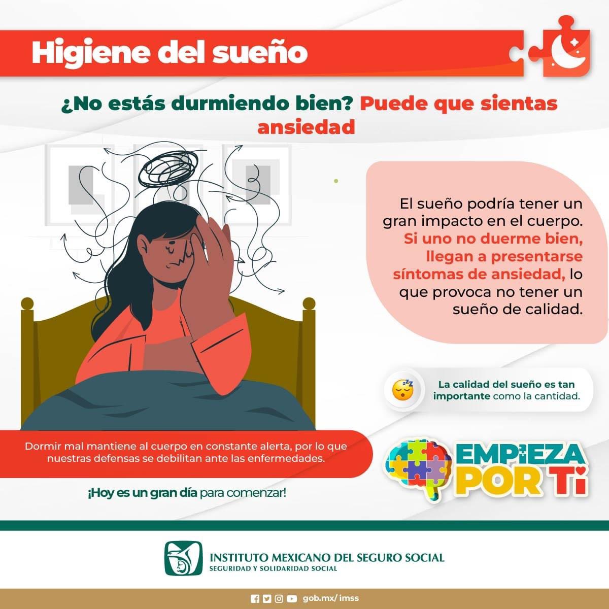 😴 ¿No estás durmiendo bien? Puede que sientas ansiedad. Dormir mal mantiene al cuerpo en constante alerta, por lo que nuestras defensas se debilitan ante las enfermedades. En salud mental #EmpiezaPorTi 🧠