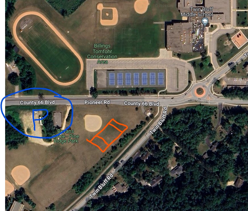 FOR VARSITY:

Due to the rain overnight we will be playing on the south fields in the attached photo. 2120 Twin Bluff Road, Red Wing, MN 55066 will get you close, but we will be playing on the south side of Pioneer road.