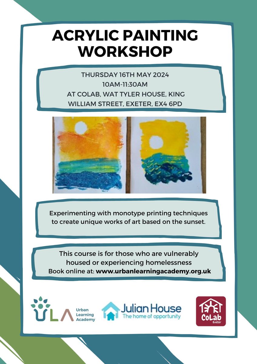 The ULA and Julian House are offering 2 creative workshops, specifically for those vulnerably housed or experiencing homelessness. Resist Watercolour Process Art: Thu 9 May, book here: buff.ly/3UI3HwU Acrylic Painting: Thu 16 May, book here: buff.ly/3JI9lsr