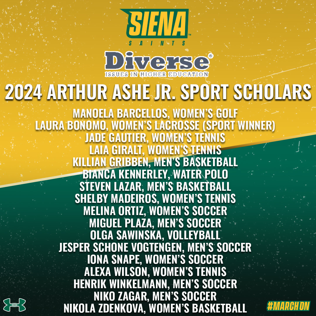 📚 1⃣7⃣ #SienaSaints from 9⃣ different sports were honored as 2⃣0⃣2⃣4⃣ Arthur Ashe Jr. Sport Scholars by @DiverseIssues 👏👏 📰 t.ly/cp6HM #MarchOn