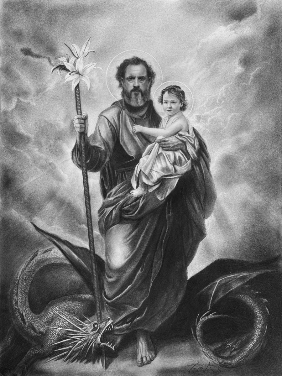 FINISHED!
My charcoal drawing of “Saint Joseph, Terror of Demons” charcoal on paper, 18 x 24” 2024