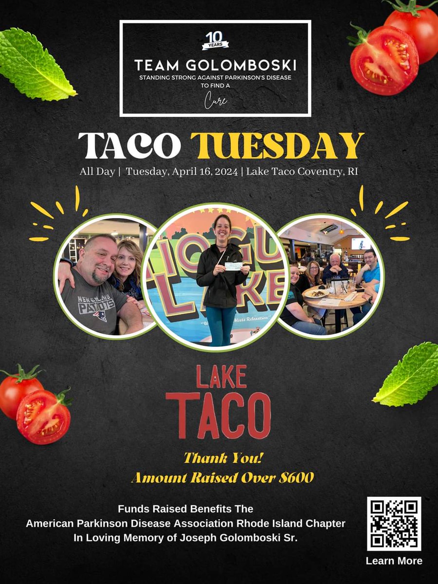 Thank you to everyone who attended Team Golomboski's inaugural Taco Tuesday and Trivia Night at Lake Taco. It would not have been a big success without your presence and engagement.
 
Learn more about us at teamgolomboski.com 

#StandStrongTogether #ParkinsonsAwarenessMonth