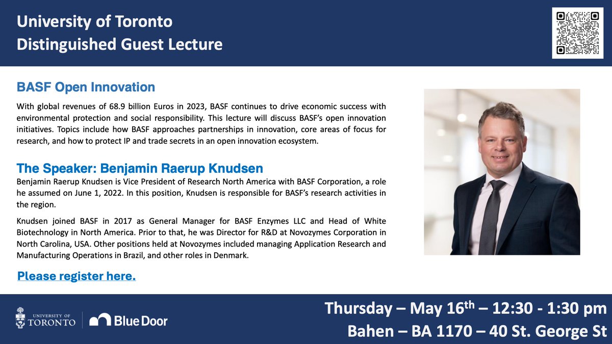 University of Toronto faculty, students, post-docs, and research associates are invited to the Distinguished Guest Lecture series featuring BASF Corporation Vice President of Research North America, Benjamin Raerup Knudsen. cris.eve.utoronto.ca/home/events/44…