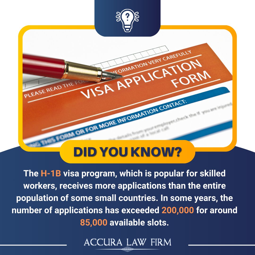 Did you know? The demand for H-1B visas, designed for skilled workers, often surpasses the entire population of some small nations. 

#H1BVisa #SkilledWorkers #VisaLottery #Immigration #DemandVsSupply #GlobalTalent #Competition #WorkVisa #USImmigration