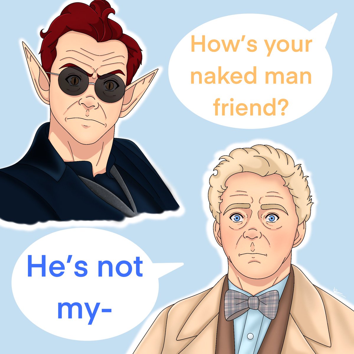 I ALMOST didn’t make it on time for todays ineffable but I really wanted to do these expressions, so here a rushed one for today. I really wanted to do the whole coffee shop but maybe next time! Day 2- naked man friend #ineffablemay2024 #GoodOmens #shocked #caught #coffee