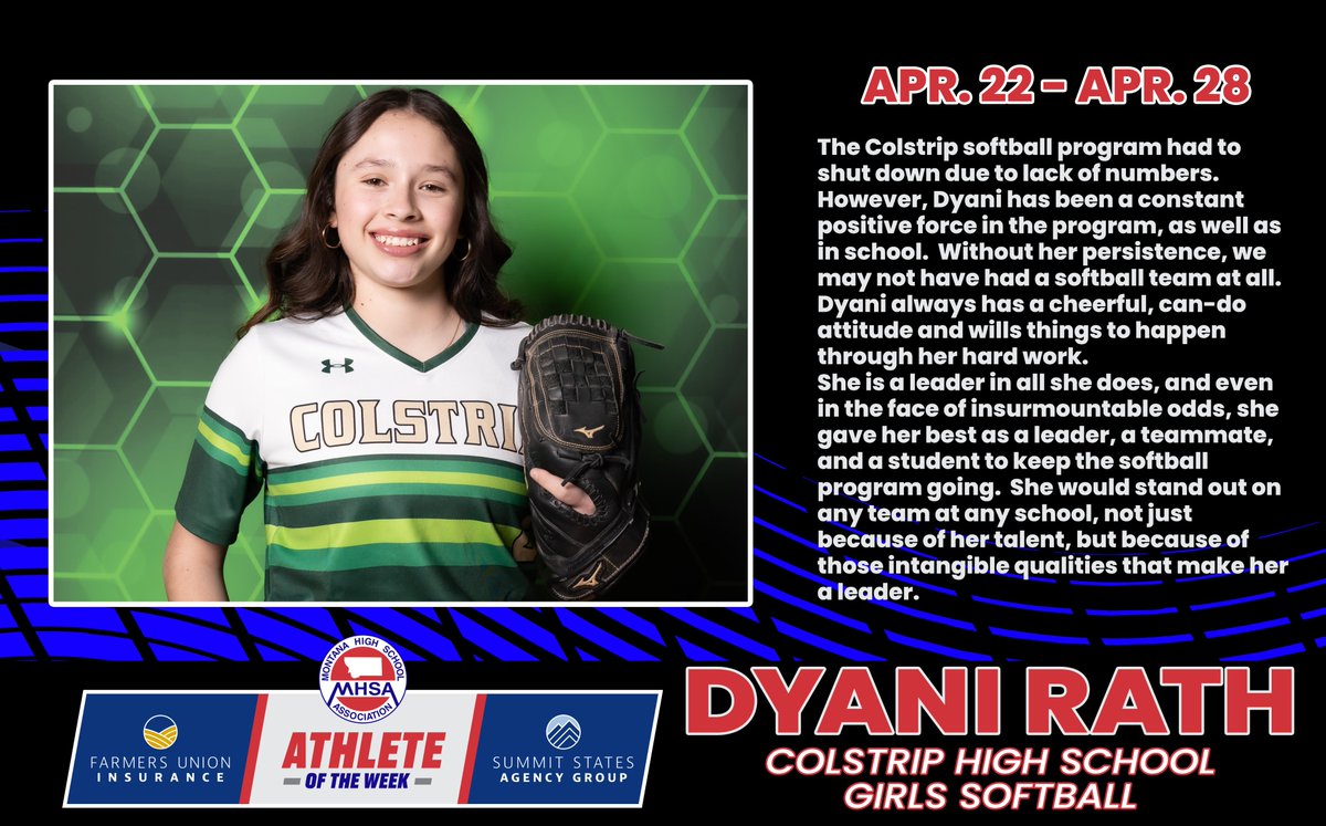 Congratulations to Dyani Rath of Colstrip High School for being named MHSA's Athlete of the Week presented by Summit States Agency Group, Farmers Union Insurance. Visit mhsa.org/athleteofthewe… to nominate a future Athlete of the Week! #MHSA #MHSAsports #athleteoftheweek