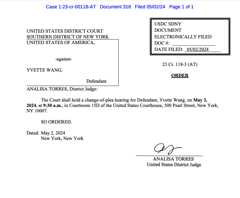 Yvette Wang, the former chief of staff for Miles Guo and his codefendant in a sweeping fraud case, is changing her plea to guilty ahead of their trial, scheduled to start in three weeks.