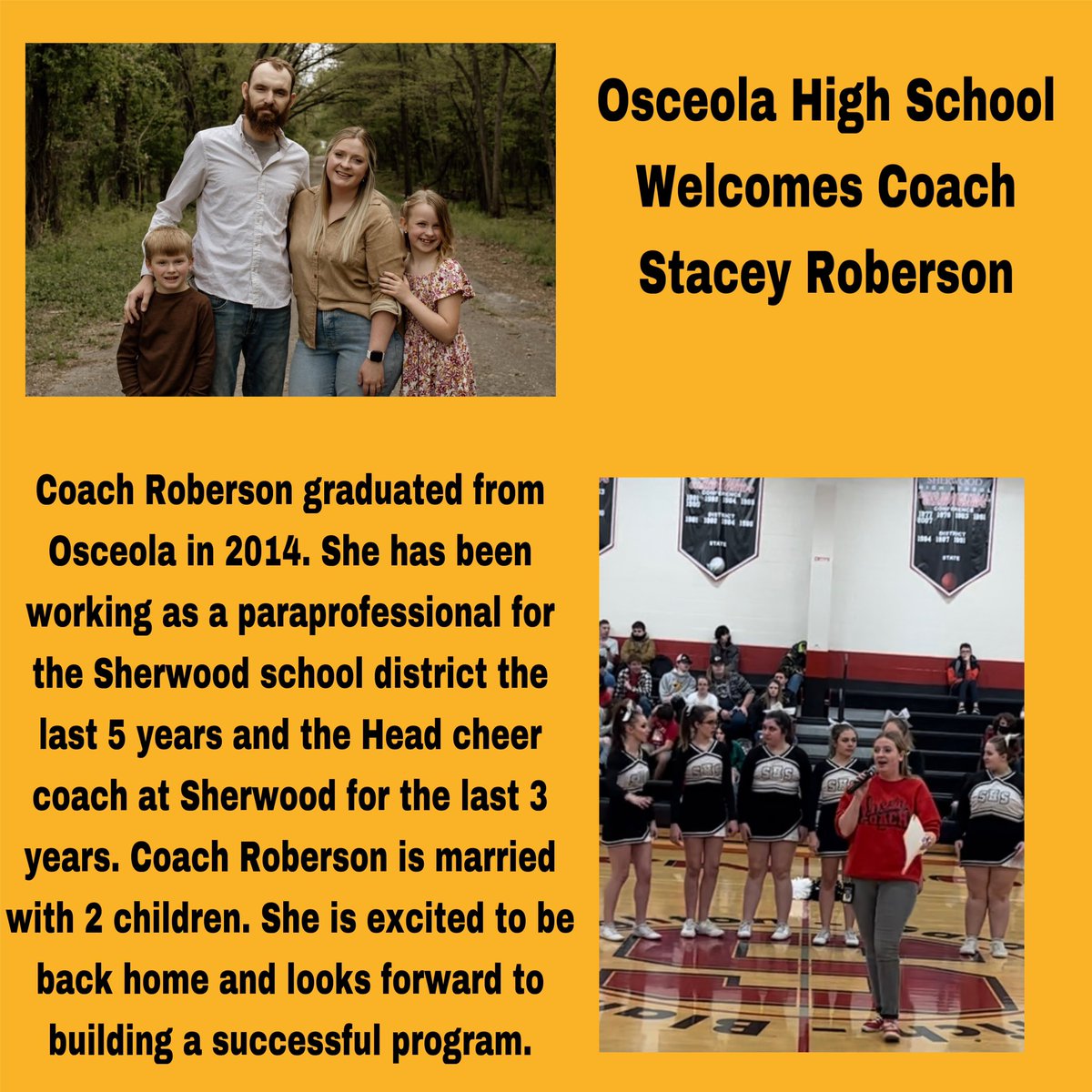 Please help us Welcome Stacey Roberson as our new Head High School Cheer Coach🔥🙌👏. 
#OsceolaProud
#hsCHEER
#BringItOn