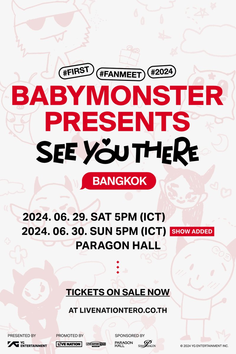 จำหน่ายบัตรแล้ว!! BABYMONSTER PRESENTS #SEEYOUTHEREinBANGKOK รอบการแสดง 30 มิ.ย. รับคิวซื้อบัตร 9.00 น. จำหน่ายบัตร 10.00 น ที่ bit.ly/babymonsterbkk #BABYMONSTER #베이비몬스터 #BABYMONSTER_PRESENTS #SEEYOUTHERE #BANGKOK #20240629 #20240630 #SIAMPARAGON #PARAGONHALL #YG