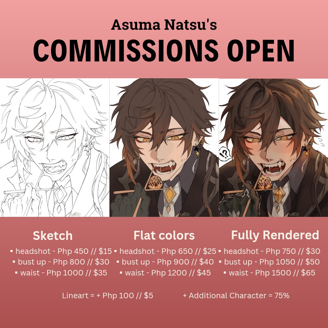 ☆ COMMISSIONS OPEN ☆

MOP: gcash/paypal
TAT: 1-3 weeks
just dm me if intrested !!

pls check my carrd for more info:
asumanachos.carrd.co 
Rts are highly appreciated thank u vm 💟
#commissionsopen #Commission #artcommission #CommissionSheet