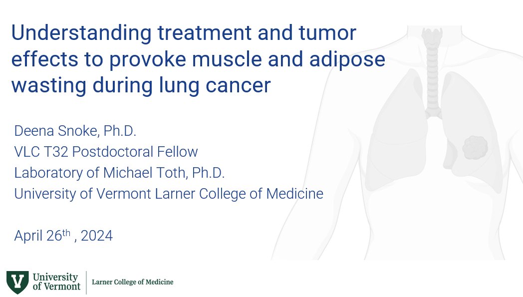 Last week, @uvmdeptmed @vtlungcenter Postdoctoral Fellow @snoke_phd was invited to @UofA_ESRC, where she presented her ongoing work studying cancer-related weight loss in the Toth Lab. Cheers, Dr. Snoke!