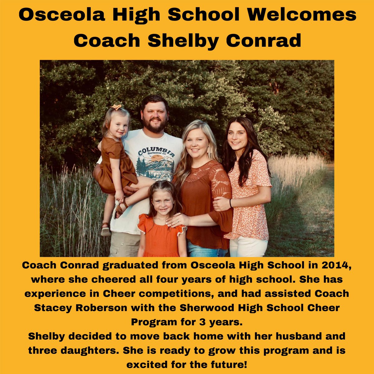 Please help us Welcome Shelby Conrad as our new Assistant High School Cheer Coach🔥🙌👏. 
#OsceolaProud
#hsCHEER
#BringItOn