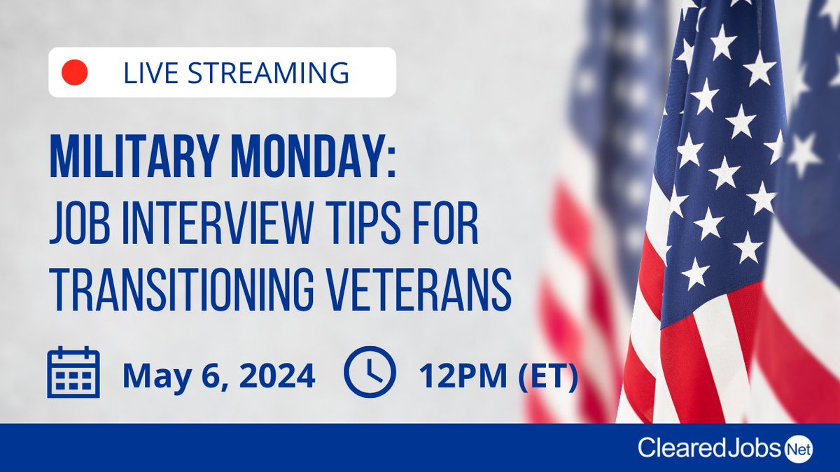 Join us for our #MilitaryMonday webinar on Mon, May 6 at 12pm ET to learn how to ace your #interviews as a transitioning veteran. We will discuss what you need to do before, during & after interviews to succeed in your #militarytransition  Set a reminder: linkedin.com/feed/update/ur…