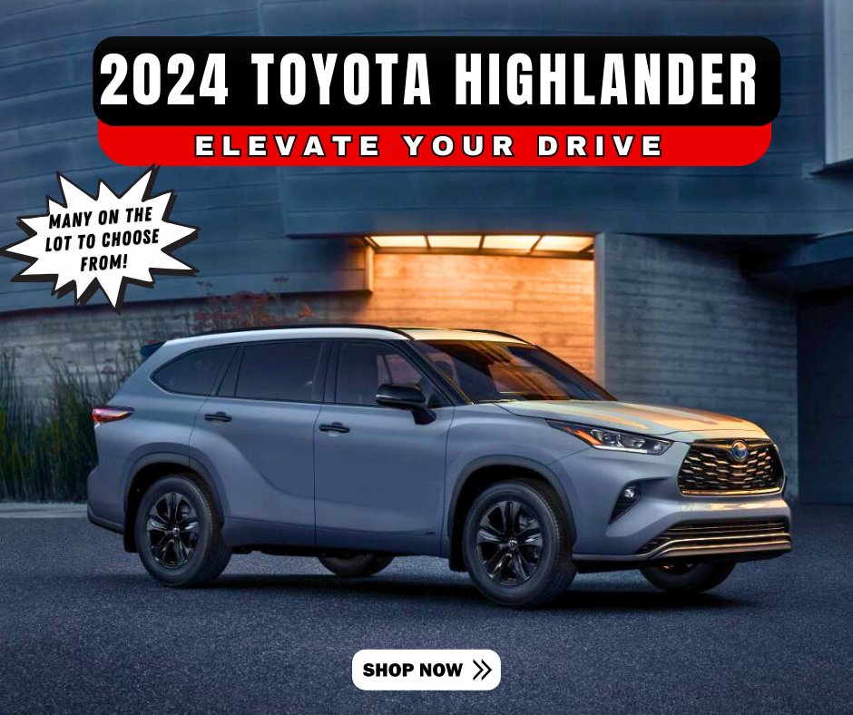 Go above and beyond the ordinary in the 2024 Toyota Highlander. With a choice between two advanced powertrains and available all-wheel-drive capability, it’s time to take your drives to the next level. 

SHOP NOW --> tinyurl.com/4cm6zmx6