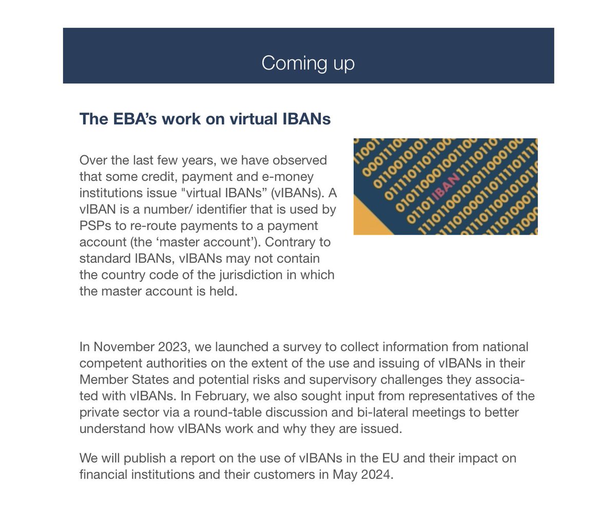 EBA oplyser ganske interessant, at de vil udgive en rapport i denne måned om virtual IBANs - noget vi her i biksen bruger ganske megen tid på i den regulatoriske rådgivning af flere PSP’er/EMI’er, og således noget som omsider også er kommet til DK…  #dkfinans #fintech @EBA_News