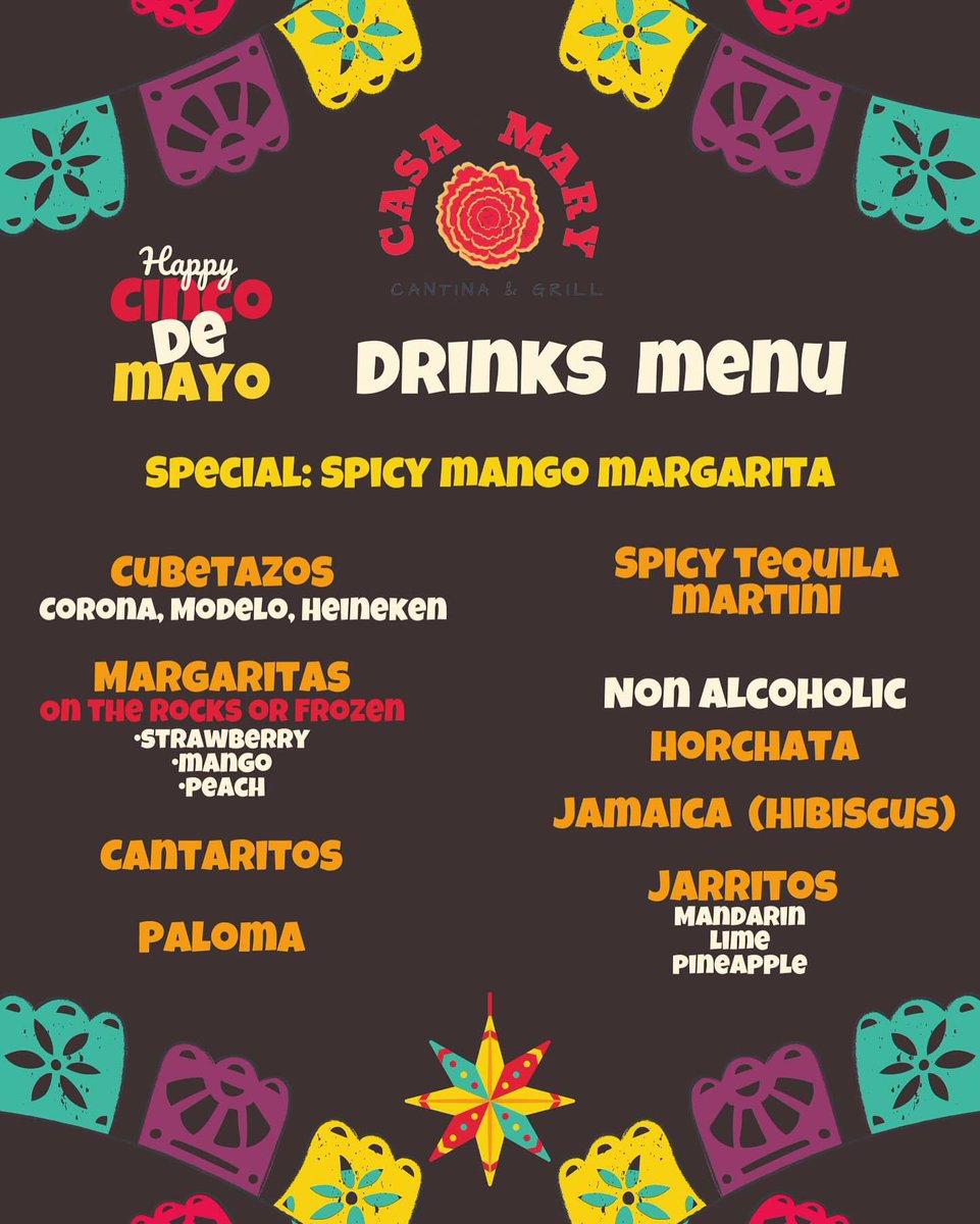 We invite you to join us this Sunday to celebrate Cinco De Mayo🇲🇽 Come enjoy our exquisite dishes!🥳 cantinamary.com #foodies #whiteplains #westchester #northcastle #nyc #casamary #foodlover