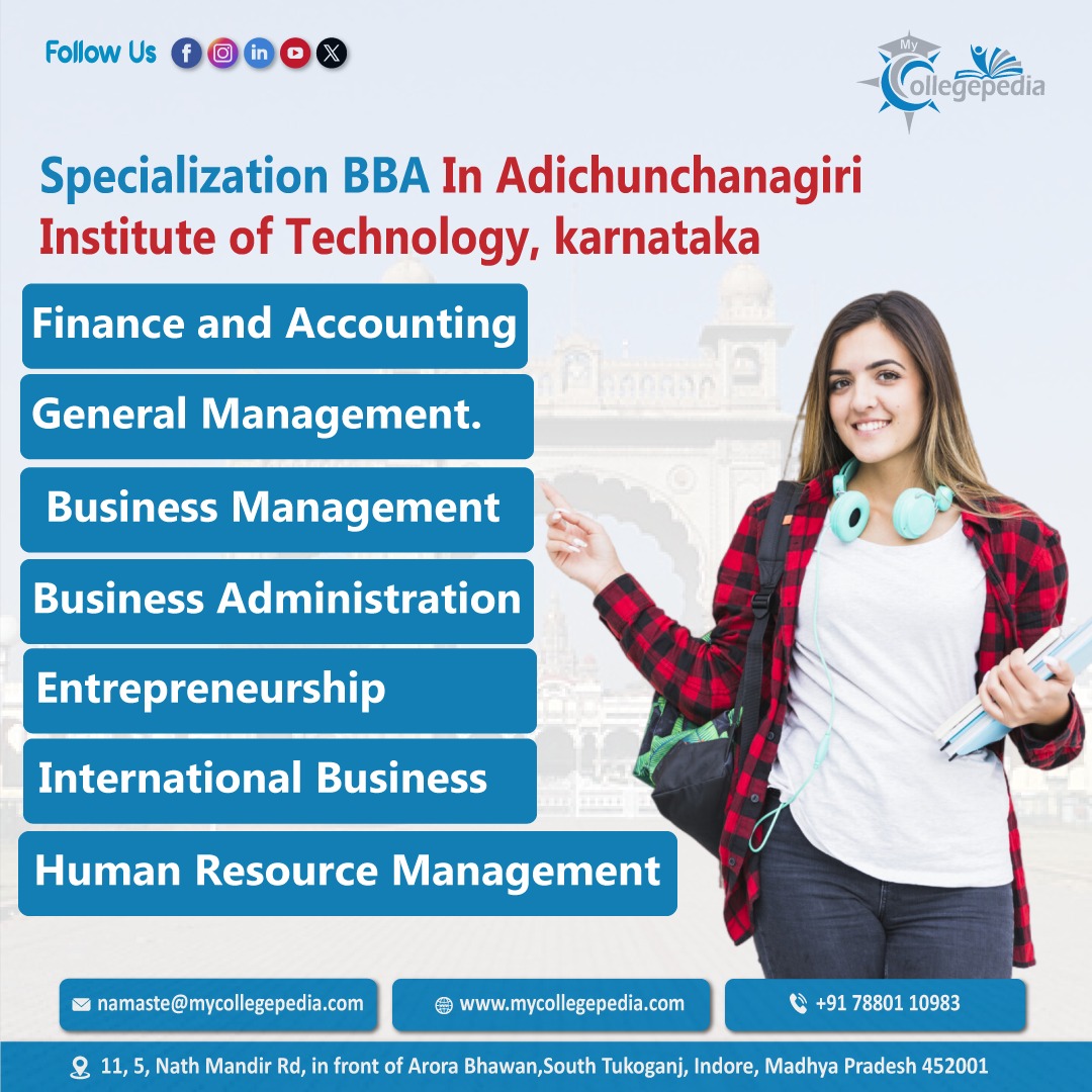 Specialization BBA In Adichunchanagiri Institute of Technology , karnataka :

•Finance and Accounting.
•Human Resource Management.
•General Management.
•Business Management.
•Entrepreneurship.
•Business Administration.
•Marketing.
•International Business.