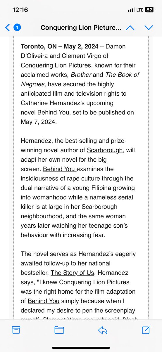 Cool news: Damon D’Oliveira and Clement Virgo of Conquering Lion Pictures (BROTHER, BOOK OF NEGROES) have secured film and TV rights to SCARBOROUGH author Catherine Hernandez’s new novel, BEHIND YOU.
