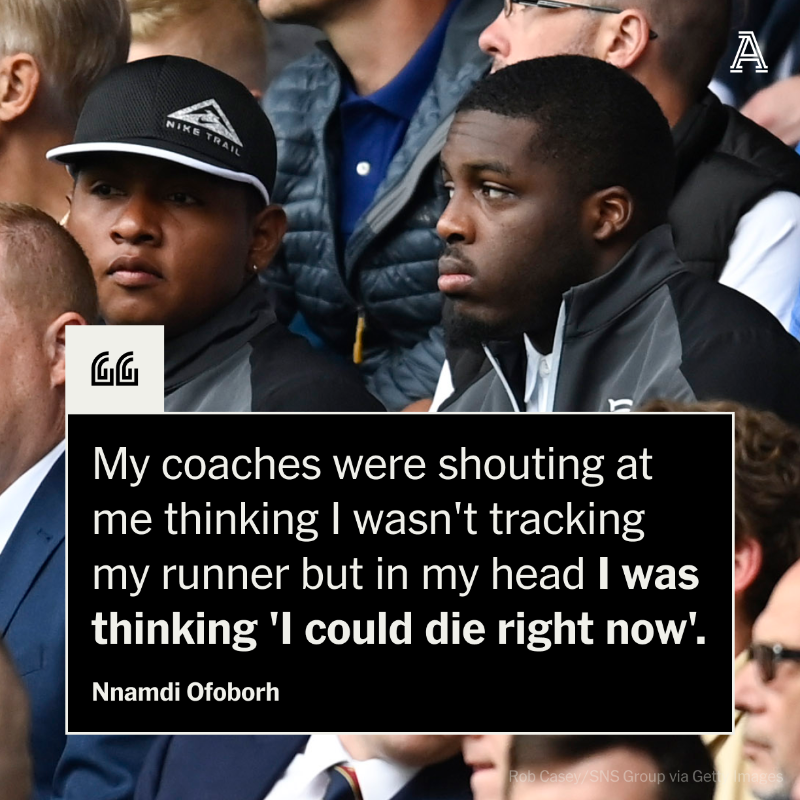 TheAthleticFC's tweet photo. "My heart was racing: boom, boom, boom. My coaches were shouting at me as I wasn't tracking my runner but I was thinking, 'I could die right now'."

Nnamdi Ofoborh missed three years after feeling unwell while playing.

He talks to @JordanC1107 about returning against the odds.