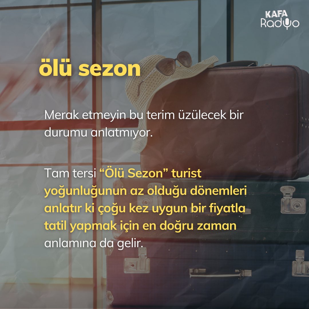 🧳 Turizmde “Ölü Sezon” kavramının aslında işe yarar bir tarafı olduğunu biliyor muydunuz? 🤩 ❓Turizm Kafası serimizde bugün, sık sık duyduğumuz ancak anlamına dikkat etmediğimiz turizm kelimelerini anlattık. @denizdikkaya yazdı. 🪶 💬 Siz hangi dönemlerde tatile gitmekten…