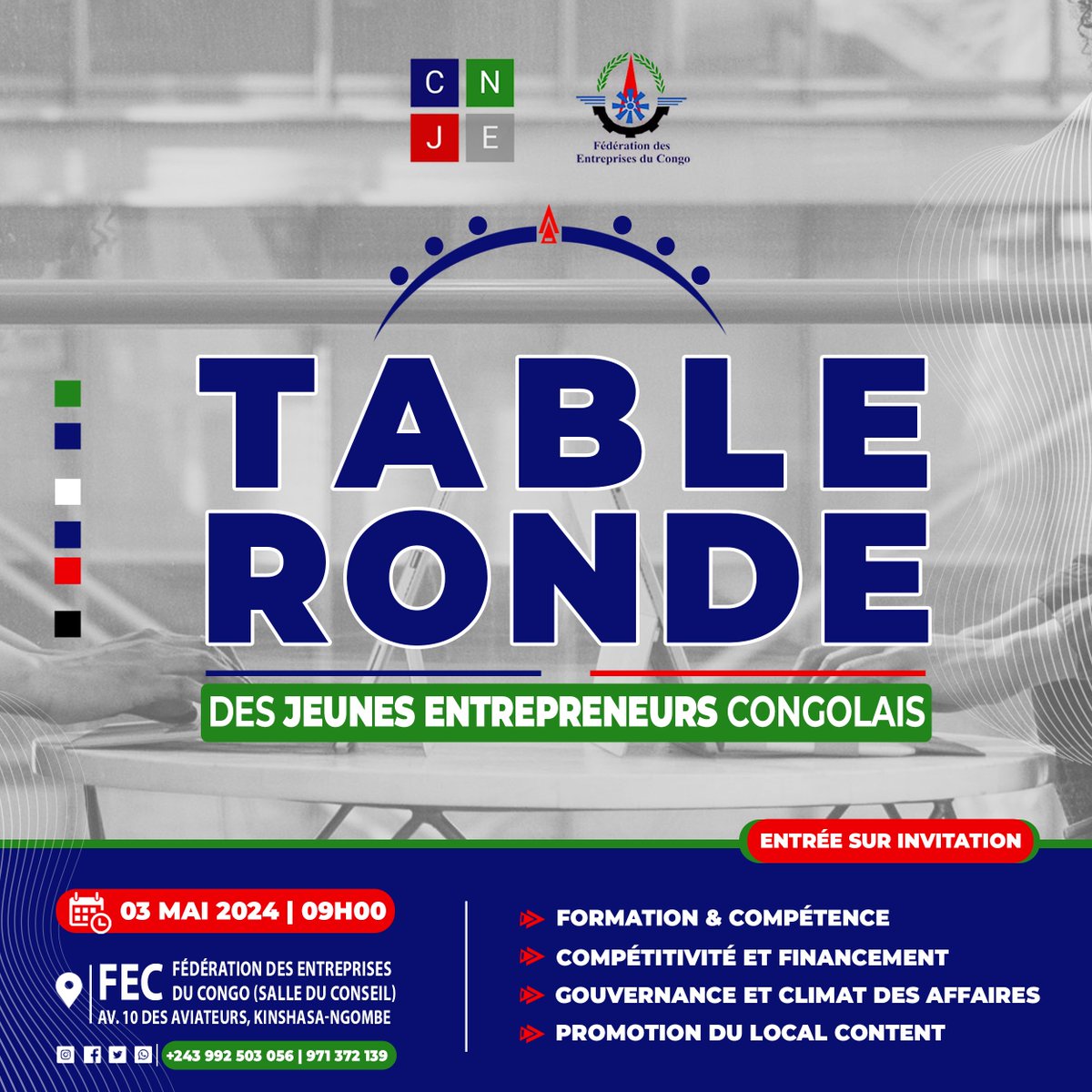 Ecouter, recueillir et identifier les principales problématiques qui freinent le développement d’un écosystème entrepreneurial favorable aux #jeunes en #RDC.

Tel est l'objectif 🎯 de la Table Ronde organisée par la Commission Nationale Jeunes Entrepreneurs FEC « CNJE » ce…