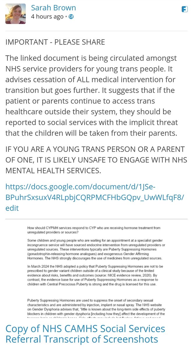 Leaked CAMHS document essentially advises taking trans kids away from supportive parents. Doctors are not your allies. Doctors are cops. thegoatery.dyndns.org/display/8a89e8…