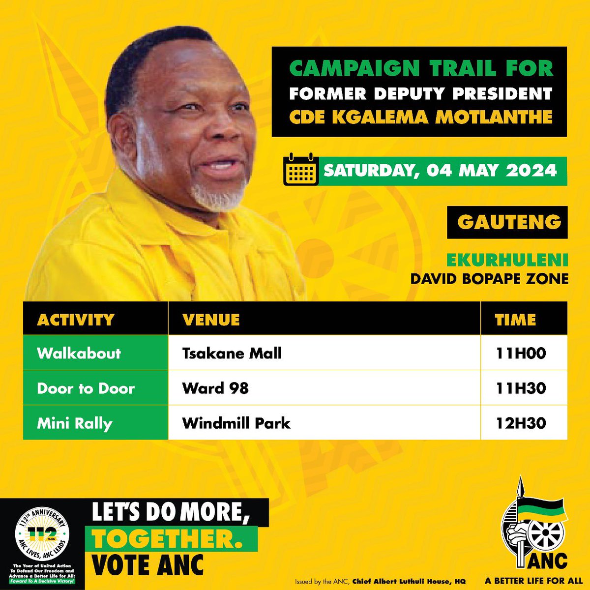 ANC Former President, Cde Kgalema Mothlanthe joins the election campaign trail. #VoteANC #VoteANC2024 #LetsDoMoreTogether