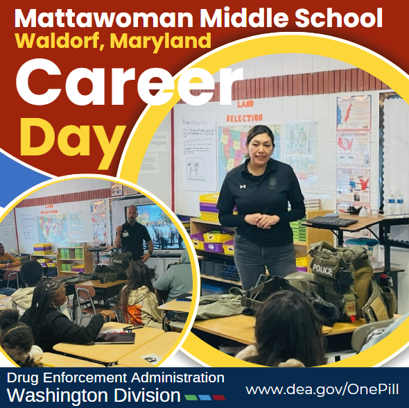 Mattawoman MS, MD students were inspired by our team's dedication to the #DEA's mission. SA Taylor & COS Sandoval talked about preventing drug diversion and misuse. By trying out our gear, they got a glimpse of the work we do to keep our communities safe. #SchoolEngagement