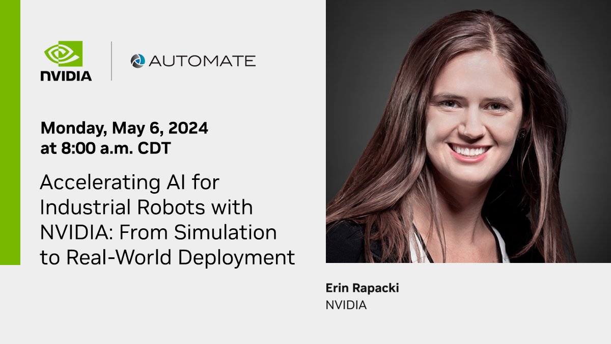 Discover AI's impact on manufacturing at #Automate2024 with Erin Rapacki. Learn how @NVIDIAOmniverse, Metropolis, and the Isaac robotics platform enhance visual object inspection, activity monitoring, and 3D perception for mobile #robots in manufacturing. nvda.ws/3JHmp1c
