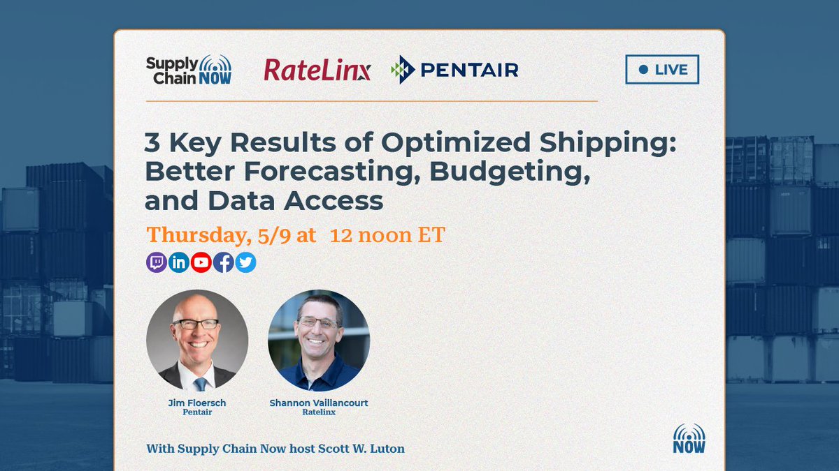 🚚 Don't miss our upcoming LS hosted by @ScottWLuton! Tune in as we welcome Shannon Vaillancourt, CEO of @RateLinx, and Jim Floersch, Global Logistics & Transportation Manager at @Pentair, to explore Pentair's transportation optimization journey. Reg: bit.ly/3UsNOua