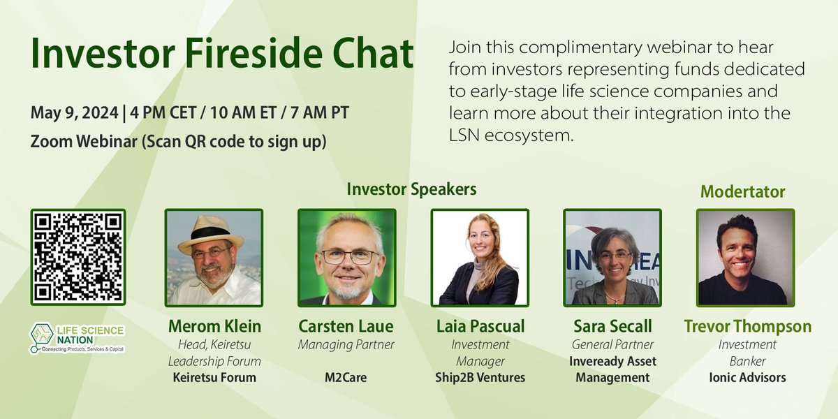 🔥Investor Fireside Chat Webinar: Learn How to Successfully Standout🚀 📅 Date: May 9, 2024 ⏰ Time: 10 AM ET / 7 AM PT / 4 PM CET Don't miss this unique opportunity to dive into the minds of top investors! 🔗Sign up: lnkd.in/e8F3RDkn #earlystage #lifesciences #invest