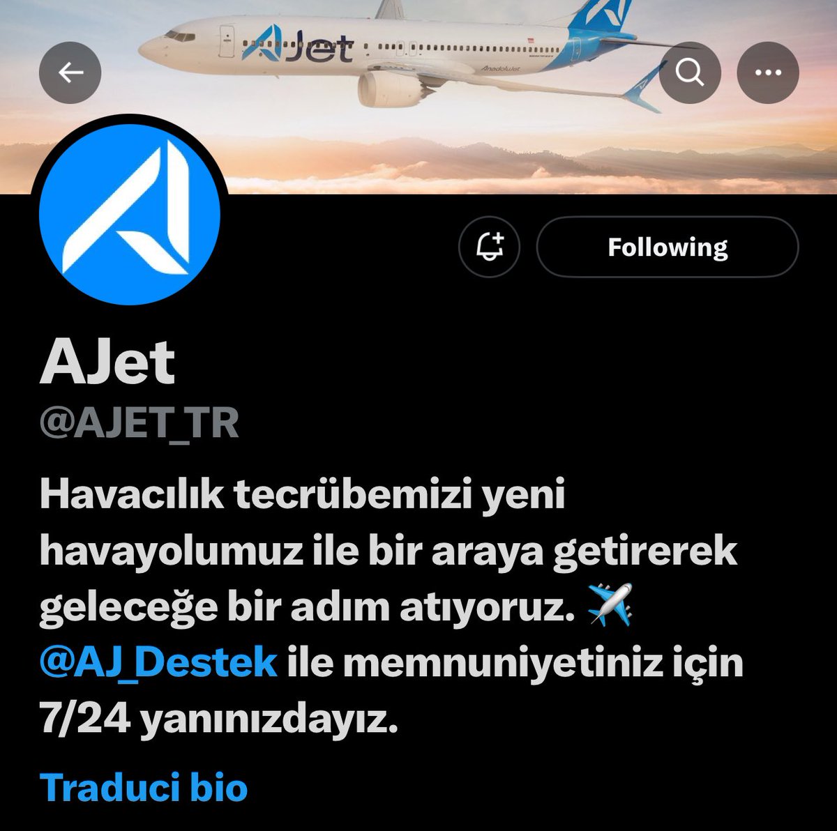 @AJET_TR  7/24 hizmetinizdeyiz vallahi inanmak istiyorum ama çok zor dünyayı gezdim ama #ajet gibi hizmet konusunda … görmedim