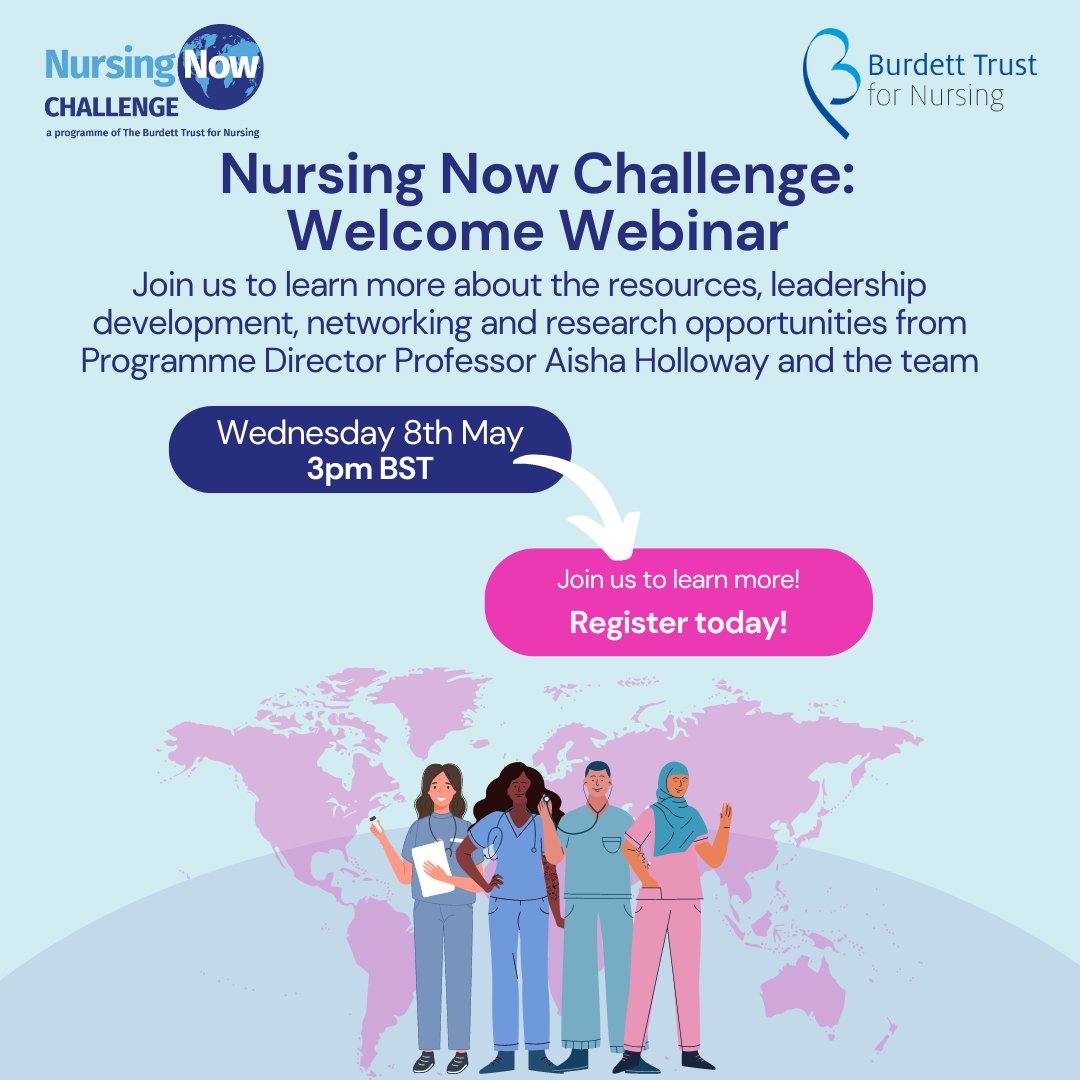 Are you new to the #NursingNowChallenge? Thinking about joining but want to know more?🤔 Come along to our next Welcome Webinar on 8/5 at 3pm BST. We'll be joined by @ProfessorAisha & @AmyStaleyRN & @SigmaNursing's Dr Matthew Howard. Register here 👉bit.ly/3wtixOm