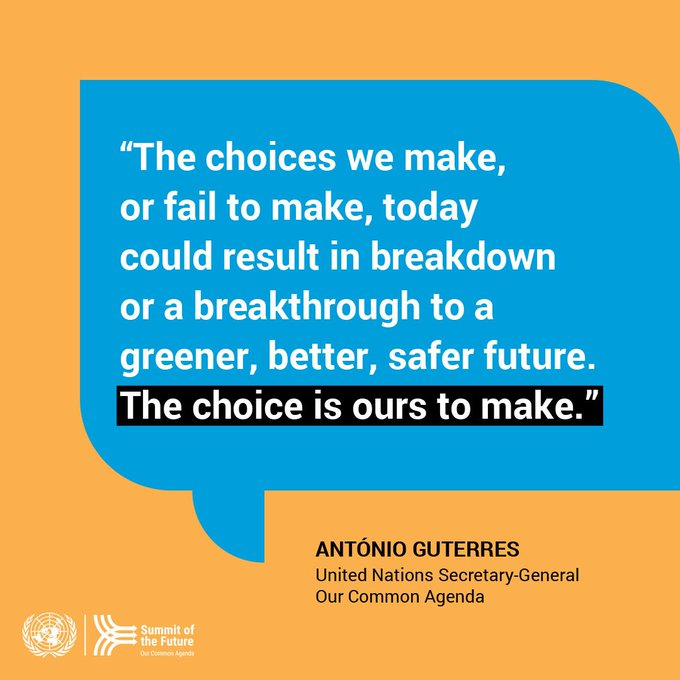 “The choices we make, or fail to make, today could result in breakdown or breakthrough to a greener, better, safer future.” -@antonioguterres
More on why this September will be a pivotal moment for #OurCommonFuture
See: bit.ly/SotF2024
#ActNow
#SummitoftheFuture