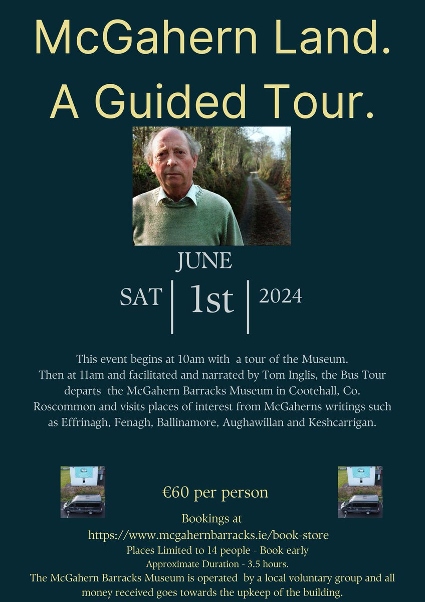Would you like to go on a McGahern Land Tour??  This tour is on Saturday 1st June 10am starting at the McGahern Barracks Museum, Cootehall.  Spend an hour in The Barracks and then the Bus Tour takes you to Aughawillan, Ballinamore and more.  Booking essential.  4 places left!