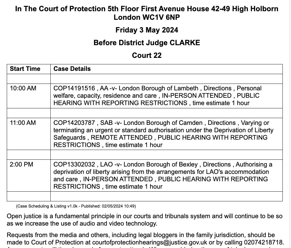 Three IN PERSON hearings before DJ Clarke at First Avenue House in London - the 11am hearing is also remote and you can request a link to observe.