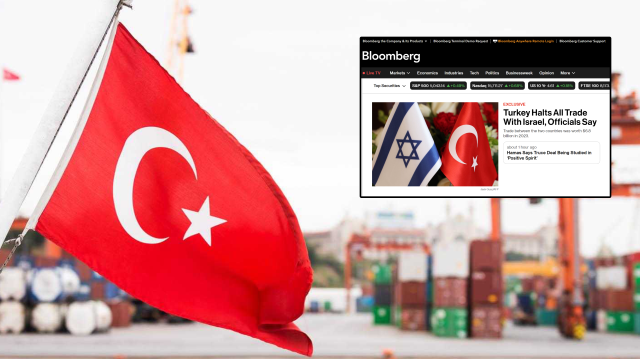 ABD merkezli Bloomberg'in  haberine göre; Türkiye,  İsrail ile bütün ticareti  durdurarak ambargo uygulama kararı aldı.