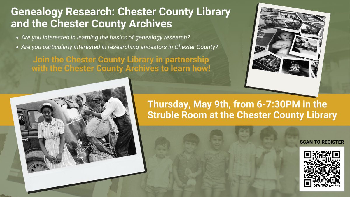Are you interested in learning the basics of genealogy research? Are you particularly interested in researching ancestors in Chester County? Join us next week to learn how! Register at bit.ly/CCL-Genealogy.
#ancestry #chescopa #chestercountypa