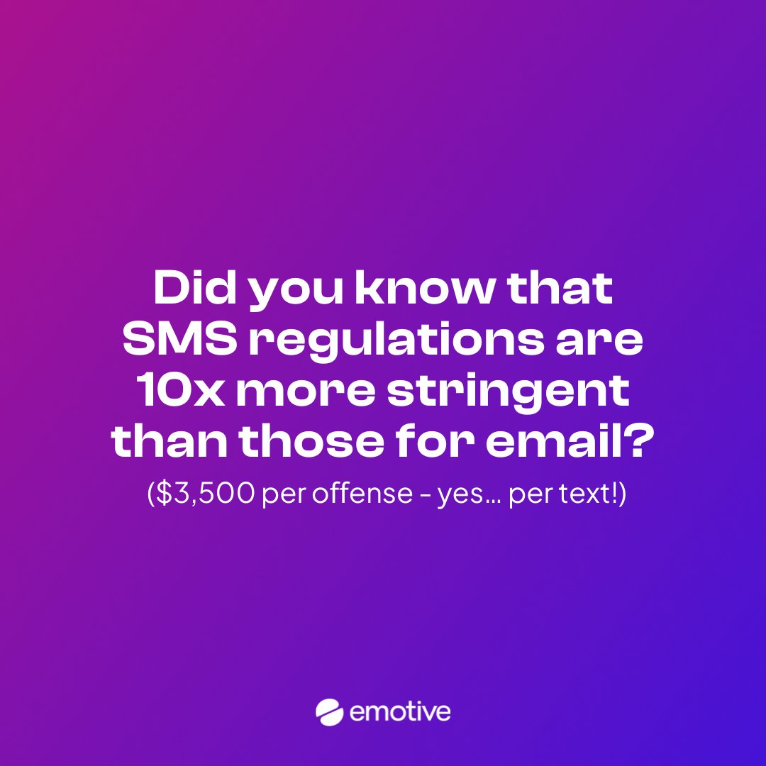 Did you know that SMS regulations are 10X more stringent than those for email?

At Emotive, we’ve implemented strict guidelines to navigate these complexities.
.
.
.
.
#Emotive #EmotiveSMS #SMSmarketing #TextMarketing