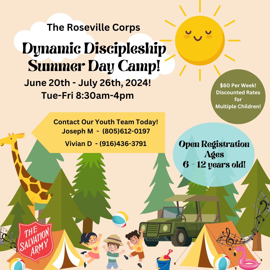 Day Camp Registration is open! Please contact Joseph or Vivian for more information!

#dynamicdiscipleship #summerdaycamp #rosevillecommunity #summerfun #kidsactivities #kidscamp #youth #kids #summerishere #salvationarmy #rosevillecorps #roseville #placercounty #daycamp